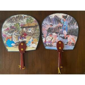 Vintage Printed Silk Japanese Paddle Fans Wooden Handles set of Two